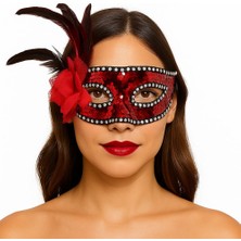 Hace Bazaar Kırmızı Renk Yandan Tüylü Güllü Gümüş Taşlı Pullu Maske 20X22 cm -Hcb