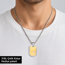 Herşey Nota 316L Çelik Erkek Kolye – Gold Detaylı Dikdörtgen Plaka Kolye 70 cm Zincirli