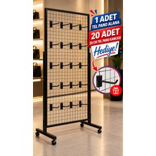 Rafburada Tekerlekli Sık Telli Tel Raf - Tel Pano Stand, Duvar Askılığı-20 Adet 20 cm Tel Pano Kanca Hediyeli 60X120 cm