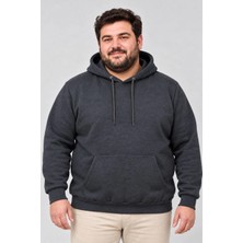 Milares Erkek Battal Büyük Beden Üç Iplik Içi Şardonlu Kapüşonlu Kanguru Cepli Kışlık Sweatshirt - Füme