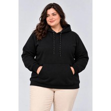 Milares Kadın Battal Büyük Beden Üç Iplik Içi Şardonlu Kapüşonlu Kanguru Cepli Kışlık Sweatshirt - Siyah