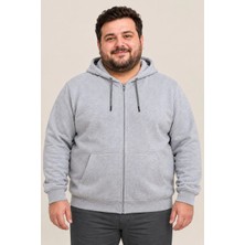 Milares Erkek Battal Büyük Beden Üç Iplik Içi Şardonlu Kapüşonlu Tam Fermuarlı Kışlık Sweatshirt - Gri