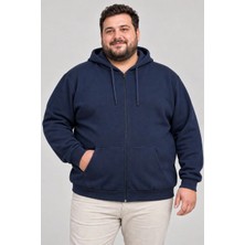 Milares Erkek Battal Büyük Beden Üç Iplik Içi Şardonlu Kapüşonlu Tam Fermuarlı Kışlık Sweatshirt - Lacivert