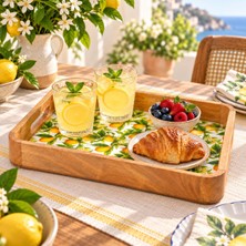 Kryon Mango Ağacı Dikdörtgen Servis Tepsisi, 33 x 22 x 4,70 cm Limon Desenli Ahşap Sunum Tepsisi, Yüksek Kenarlı Kahvaltı, Çay, Içecek ve Atıştırmalık Tepsisi