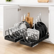 Kryon Sürgülü Organizer Siyah – Yapışkanlı Dolap Içi Raylı Düzenleyici, Tencere Kapağı, Tava, Kesme Tahtası ve Mutfak Gereçleri Için Çekmece Tipi Organizer, 21 x 42 cm