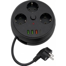 Kryon Akım Korumalı Çoklu Priz 4 Soket 3 Usb-A 1 Type-C 2 Metre Kablo Siyah