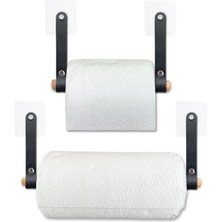 Kryon Yapışkanlı Ahşap & Deri Tuvalet Kağıtlığı ve Kağıt Havluluk | Banyo Peçetelik, Wc Kağıtlık, Dolap Altı Havlu Askısı (Siyah, 2'li Set)