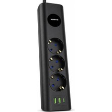 Kryon Termal Akım Korumalı Priz, 3 Prizli Cee7 Schuko, 3 USB 2.1A Çıkışlı, 10A 2500W, Kısa Devre Korumalı, LED Indikatörlü Güç Anahtarlı, 2 Metre Kablolu Çoklu Priz | Model 3403