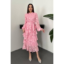 Maxi Modena Pembe Kat Kat Volanlı Elbise - Pembe