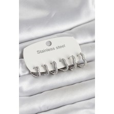 Midas Toptan 316L Çelik Gümüş Renk 6'lı Set Kalp Form Kadın Küpe Midas