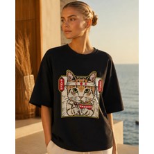 Can Moda Canmoda Siyah Oversize Japon Ramen Kedi Anime Baskılı %100 Pamuk Tişört