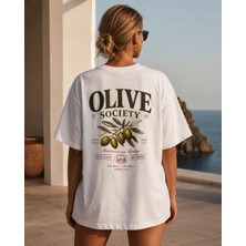 Can Moda Canmoda Unisex Beyaz Oversize Olive Society Zeytin Dalı Temalı Baskılı Tişört