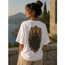 Can Moda Canmoda Unisex Beyaz Oversize Tavuskuşu Baskılı Tişört