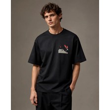 Can Moda Canmoda Erkek Siyah Oversize Fuji Dağı Japon Manzara Baskılı %100 Pamuk Tişört