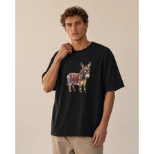 Can Moda Canmoda Unisex Siyah Oversize Pop Art Eşek Baskılı %100 Pamuk Tişört