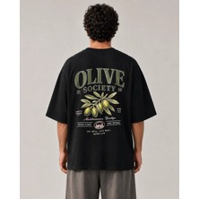 Can Moda Canmoda Unisex Siyah Oversize Olive Society Zeytin Dalı Temalı Baskılı Tişört