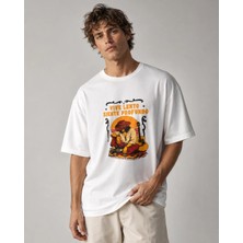Can Moda Canmoda Erkek Beyaz Oversize Kovboy Gitar Baskılı %100 Pamuk Tişört