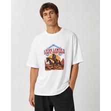 Can Moda Canmoda Beyaz Oversize Western Kovboy At Baskılı %100 Pamuk Tişört