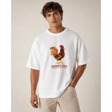 Can Moda Canmoda Erkek Beyaz Oversize Retro Buenos Dias Horoz Baskılı %100 Pamuk Tişört