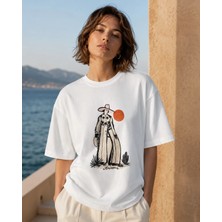 Can Moda Canmoda Unisex Beyaz Oversize Arizona Kovboy Kadın Western Baskılı Tişört