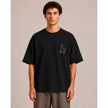 Can Moda Canmoda Siyah Oversize Minimal Ay Kuyruklu Kedi Baskılı Tasarım Tişört