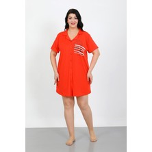 Mestore Moda Çizgi Büyük Beden Penye Düğmeli Nar Çiçeği Tunik Gecelik 1025