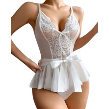 Mestore Moda Çizgi Kadın Fantezi Babydoll Dantel Gecelik T001 Beyaz
