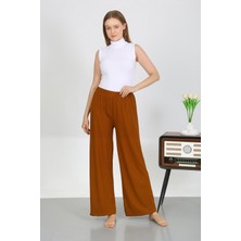 Mestore Moda Çizgi Kadın Bürümcük Kumaş Hafif-Esnek Pantolon 210074 Kahve
