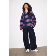 Hiccup Kadınlar Bıpantolon Kadın Oversize Çizgili Bisiklet Yaka Sweatshirt Çok Renkli