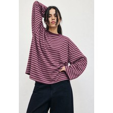 Hiccup Kadınlar Bıpantolon Kadın Oversize Çizgili Bisiklet Yaka Sweatshirt Leylak Moru