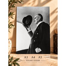 Vexart Atelier Atatürk Şapkalı Siyah Beyaz Portre Dekoratif Duvar Posteri Çerçevesiz 30 x 42 cm