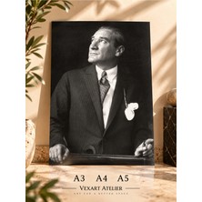 Vexart Atelier Mustafa Kemal Atatürk Siyah Beyaz Portre Poster – Klasik Tarihi Atatürk Duvar Posteri 21 x 30 cm