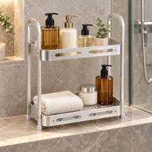 Kawin Deconox 2 Katlı Alüminyum Banyo Rafı 34 x 16 x 34 Cm, Drenaj Delikli Tezgâh Üstü Düzenleyici, Banyo ve Mutfak Organizeri, Gümüş Renk