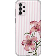 Mobilpad Samsung Galaxy A32 Uyumlu Çizgili Çiçek Desenli Şeffaf Telefon Kılıfı