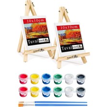 Şövale 10X10 cm Tuval 3 ml Akrilik Boya 6 Renk ve Fırça 2 Adet 10X10 Mini Tuval Masaüstü Küçük Şövale Boyama Seti