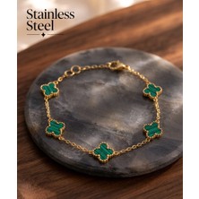 Stainless Steel 316L Çelik Zincir Gold Renk Çizgili Yeşil Mineli Yonca Bileklik