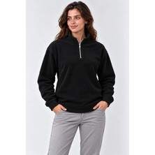 Trend Metkar Polar Dik Yaka Yarım Fermuarlı Uzun Kollu Regular Fit Kışlık Sweatshirt - Siyah
