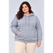 Trend Metkar Battal Büyük Beden Üç Iplik Içi Şardonlu Kapüşonlu Kanguru Cepli Kışlık Sweatshirt - Gri