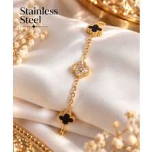 Stainless Steel 316L Çelik Zincir Gold Renk Siyah ve Zirkon Taşlı Yonca Model Bileklik