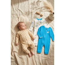 Mıdırık 3'lü Fitilli Kaşkorse Pamuklu Erkek Bebek Tulumu Seti - Çene Korumalı Fermuarlı Yumuşak Pijama Takımı