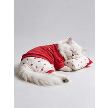 Kemique Tatlı Çilek Kedi Rüyası | Pamuklu Çilekli Kedi Tulumu, Kırmızı Sweatshirt ve Mini Yastık | 3parça