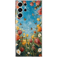 Mobilpad Samsung Galaxy S24 Ultra Uyumlu Laleler Kolaj Desenli Şeffaf Telefon Kılıfı