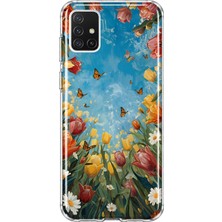 Mobilpad Samsung Galaxy M51 Uyumlu Laleler Kolaj Desenli Şeffaf Telefon Kılıfı