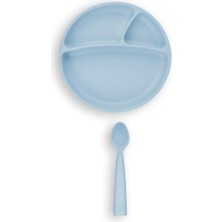 Vakum Tabanlı Silikon Tabak, Nam Nam Kaşık 2'li Set, Mavi