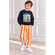 Esmer Bebe Erkek Çocuk Eşofman Takımı 2'li Lacivert Sweatshirt Turuncu Beyaz Çizgili Eşofman Altı Baskılı Spor Takım Günlük Çocuk Giyim