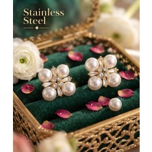Stainless Steel Pirinç Gold Renk Zirkon Taşlı Incili Küpe