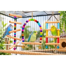 Bird Wooden Toys Birdwoodentoys 3'lü Ahşap Kuş Oyuncağı Seti – Boncuklu Zilli Salıncak, Tırmanma Merdiveni ve Helezon - Muhabbet Kuşu,sevda ve Forpus Papağanı Için