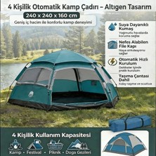 Hereveoyuncak 4 Kişilik Otomatik Kamp Çadırı – Altıgen Tasarım, Çift Kapılı, Suya Dayanıklı, Hızlı Kurulumlu Geniş Aile Outdoor Çadırı 240X240X160 Cmm