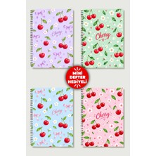 Kiraz Tasarım Temalı 4'lü Set A5 Metal Spiralli 2 Ad. Çizgili- 2 Ad. Kareli Karton Kapak Kiraz Tasarım Temalı 4'lü Set Defter