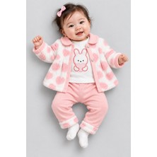 BEBEKİZ Kız Bebek 3’lü Takım Kalpli Kapüşonlu Welsoft Hırka Uzun Kollu Üst Pantolon Kışlık Yenidoğan Bebek Takımı